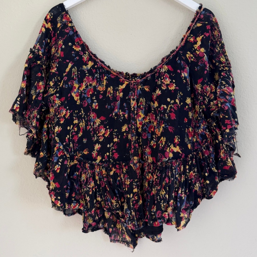Free People Floral Gauze Cotton‎ Boho Peasant Top Oversized Ruffle Raw Sz Medium